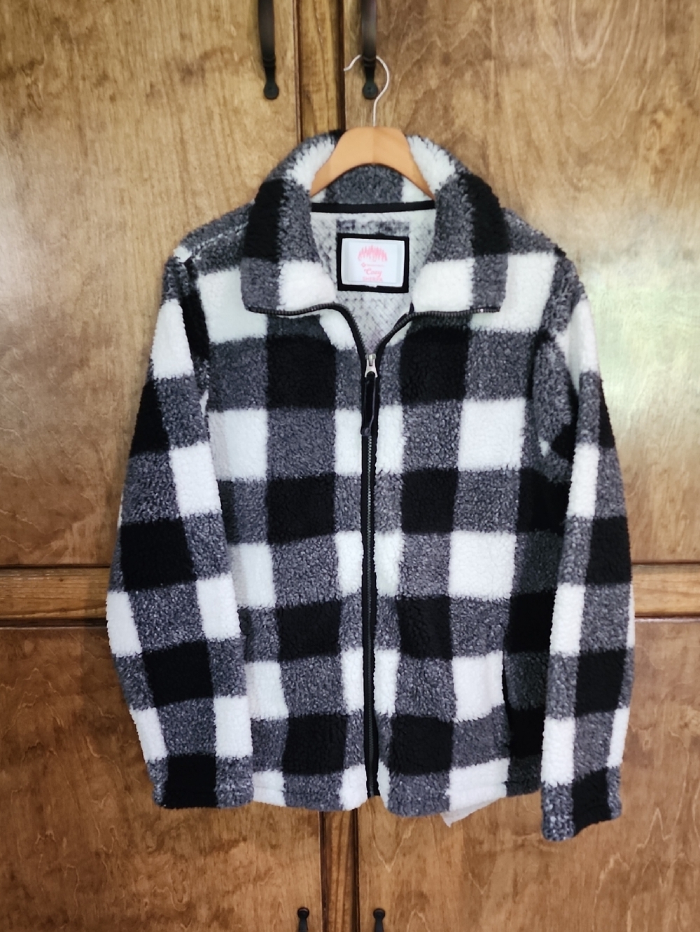 Women's Black & White Check Fleece Zip Jacket